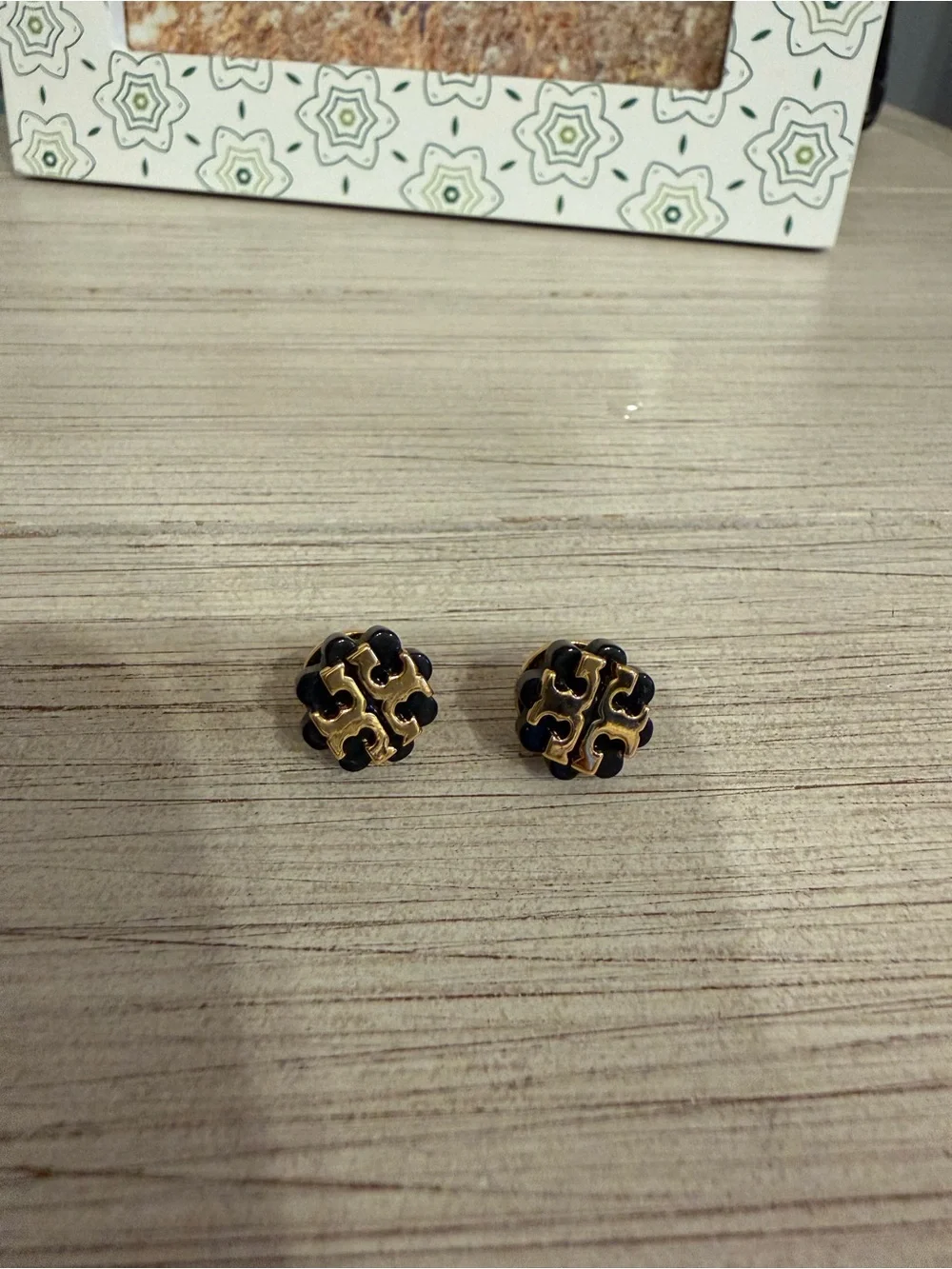Tory Burch Black and Gold Logo Cluster Stud Earrings